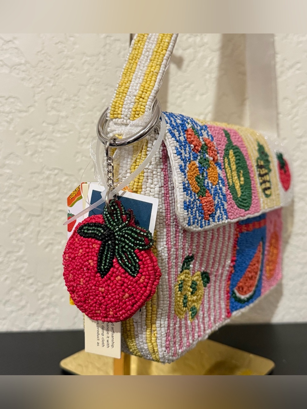 India Boutique White Multicolor Beaded Fruit Patchwork Shoulder Bag - Picture 4 of 4